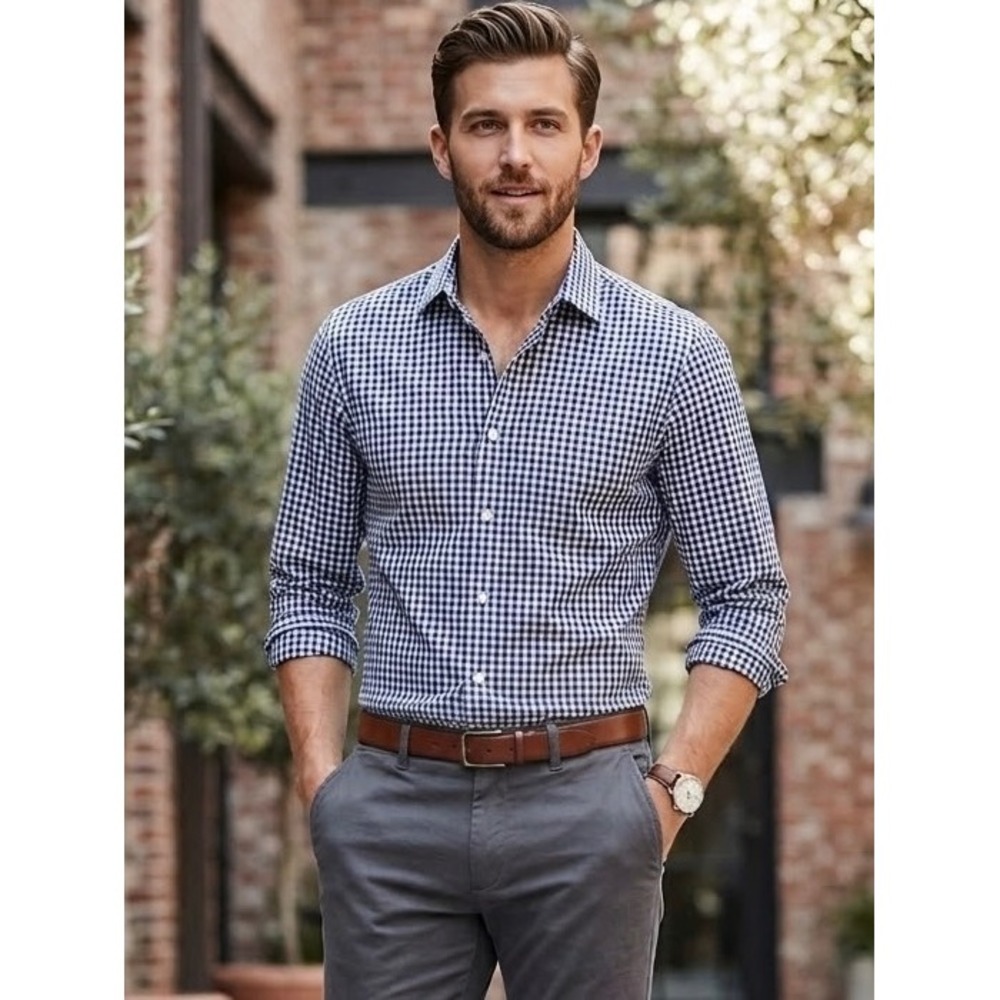 Bonobos Mens Tailored Fit Stretch Gingham Button Down Shirt Blue White 16 34